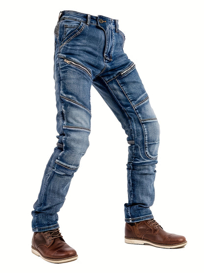 Men's Vintage Washed Motorcycle Pants - Slim Fit Stretch Denim with Elastic Panels, Mid-Stretch Comfort & Zipper Closure, Machine Washable All-Season Casual Riding Jeans