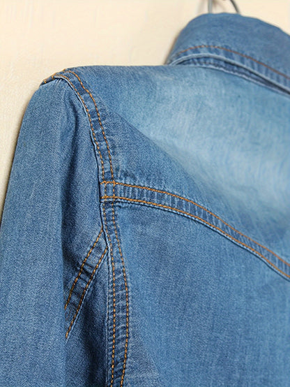 [Denim Crop Top] Chambray Denim Women's Crop Top | Roll Up 3/4 Sleeve Tie Front Knot Shirt