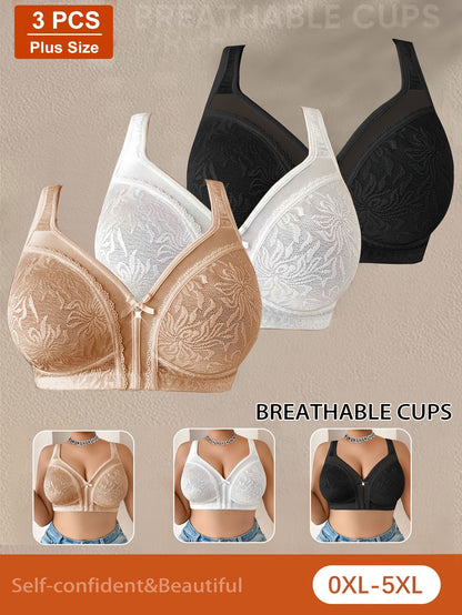 3pcs Plus Size Women's Lace Splice Bra, All-Season Jacquard Pattern, Wedding Beach Wire-Free High-Quality Casual Comfortable Top with Beautiful Back Design, Thin Y Style