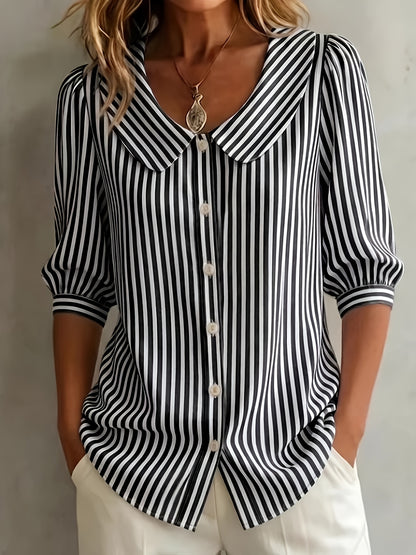 New Mid-Sleeve Striped V-Neck Shirt Top T-Shirt for Women