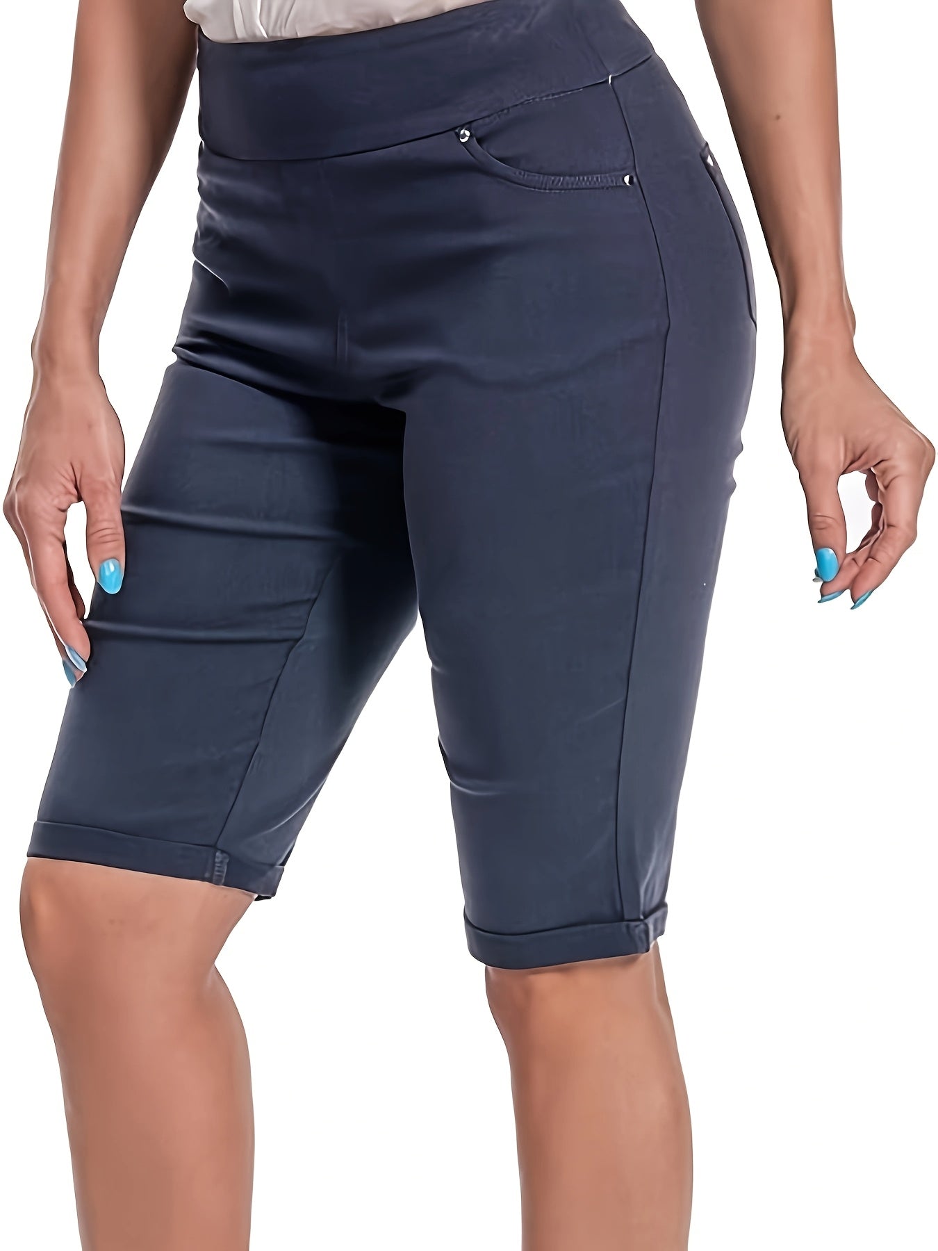 Women's Stretchy Pull On Bermuda Shorts High Waist Office to Vacation Pants, Non See Through Fabric, Machine Washable with 5 Pockets & Cuffed Hem for Everyday, Formal Events Elegant Casual All Season Shorts