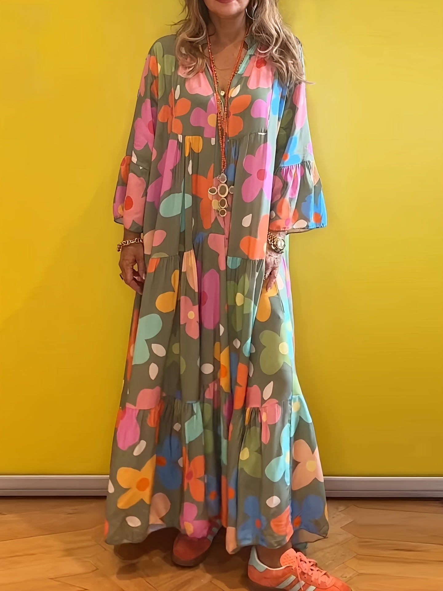 Women Floral Print Boho V Neck Maxi Dress, Layered Design, Button Closure, 3/4 Flared Ruffle Sleeves, Super Loose Fit