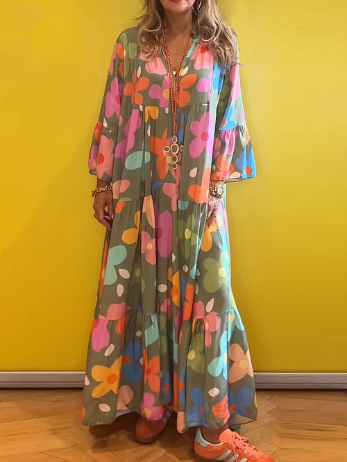 Women Floral Print Boho V Neck Maxi Dress, Layered Design, Button Closure, 3/4 Flared Ruffle Sleeves, Super Loose Fit