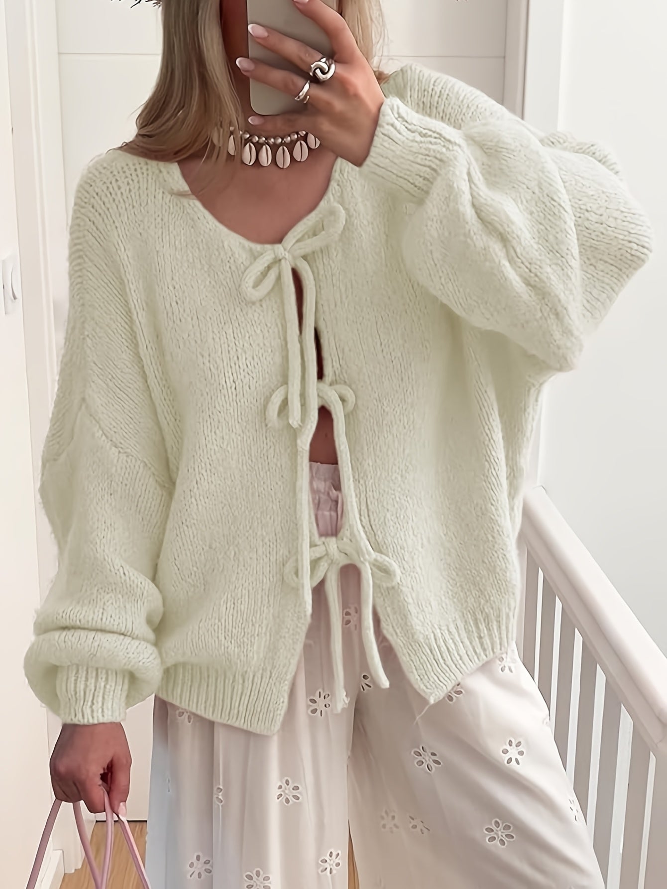 Women'S Oversized Bowtie Sweater Cardigan with Y2K Vibe Long Sleeves V Neck Open Front Casual Wear