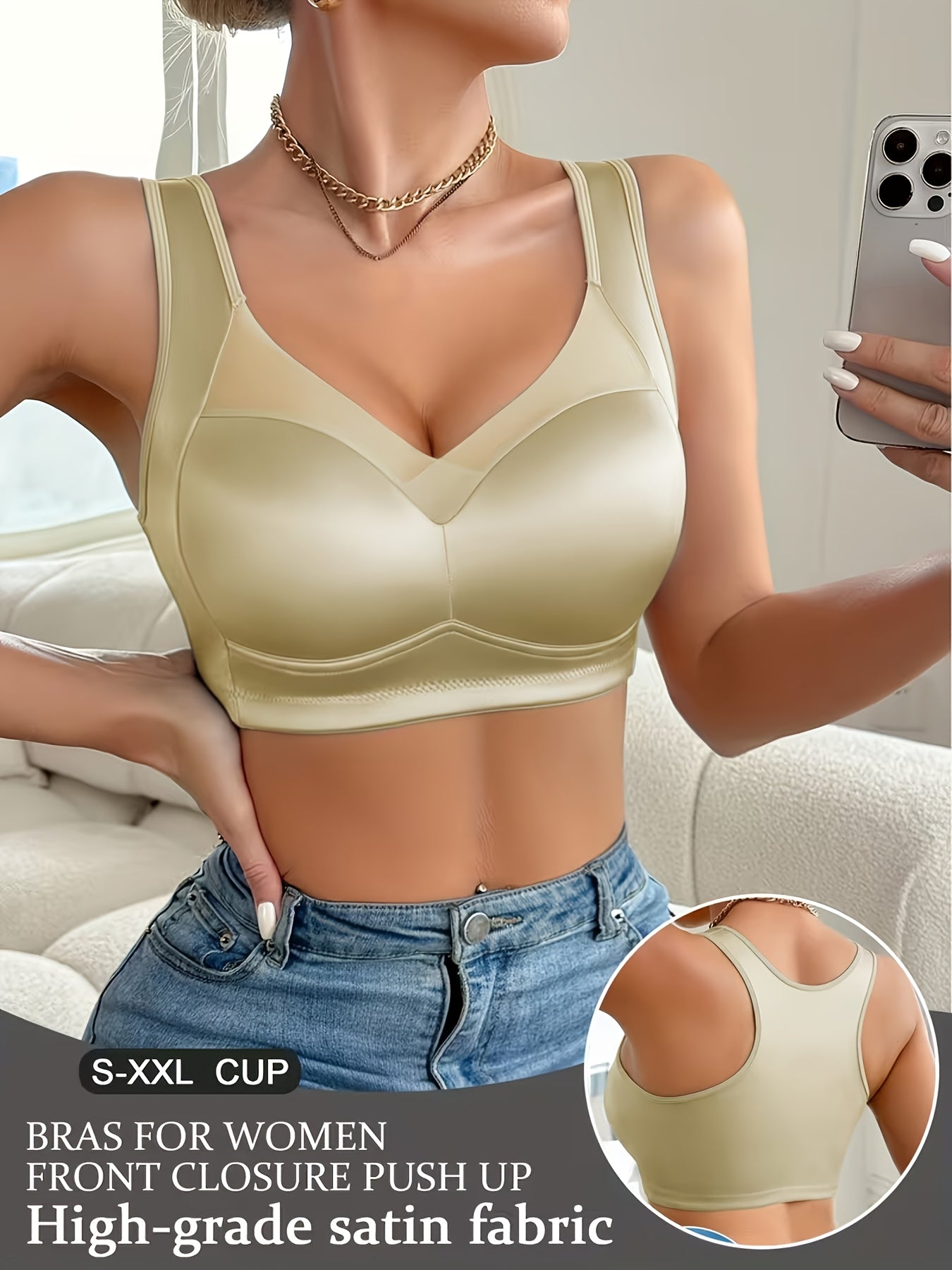 1pc High-quality Satin Fabric Women'S Bra | Wireless, Front Buckle Design, Strong Support, Comfortable Gather, Suitable for Daily and Formal Wear, Non-removable Padding