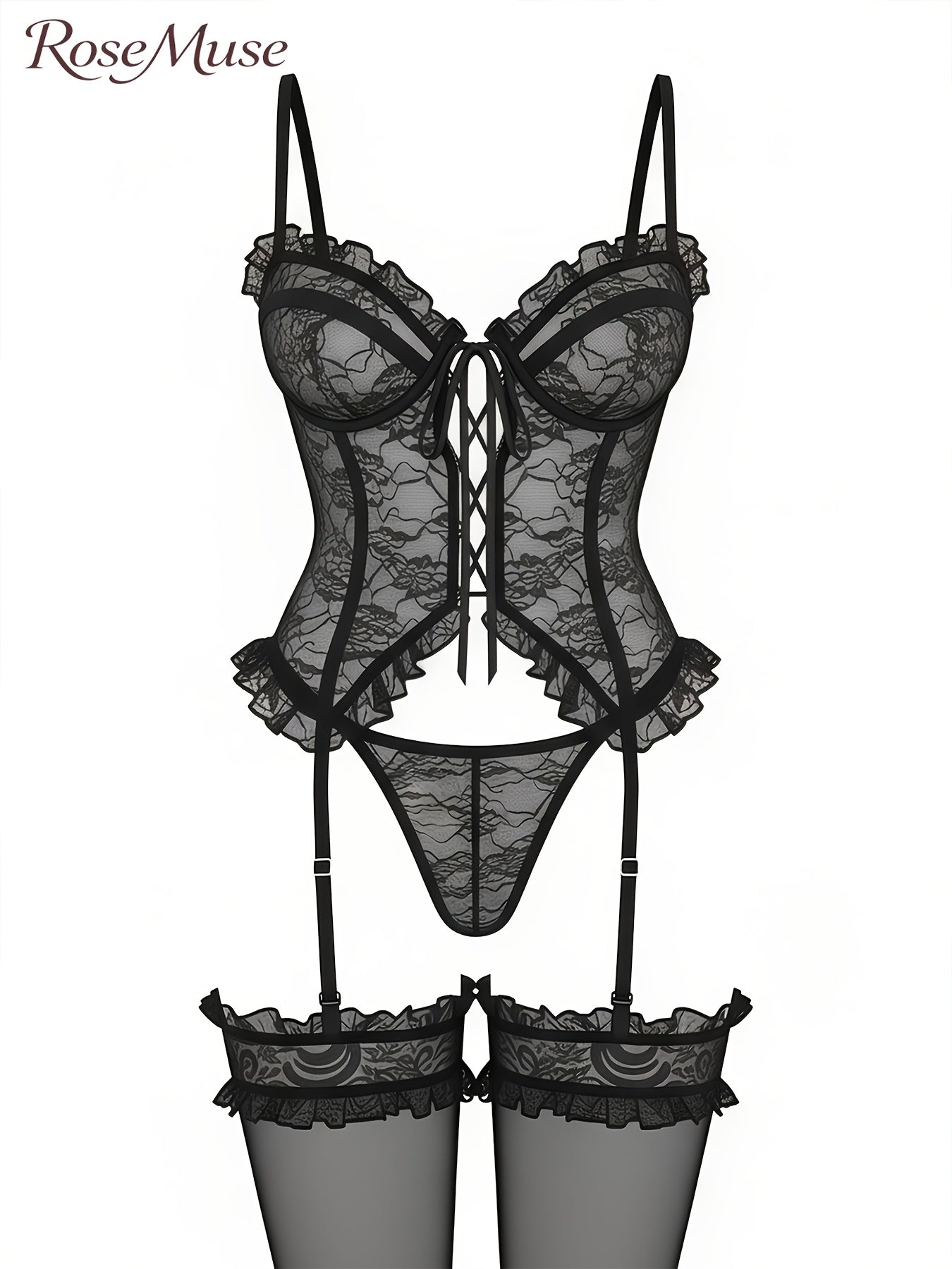 Women'S Sexy Lingerie Set with Garter Belt Lace Bodysuit Teddy Dolls Panty with Stockings, Women Teddy Lingerie Deep V Lace Lingerie Mini Babydoll Lingerie