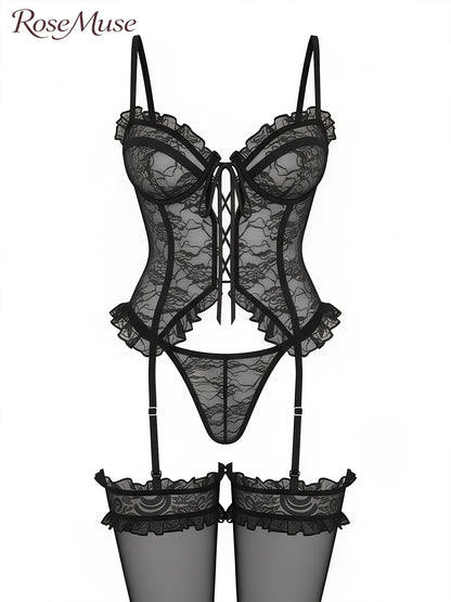 Women'S Sexy Lingerie Set with Garter Belt Lace Bodysuit Teddy Dolls Panty with Stockings, Women Teddy Lingerie Deep V Lace Lingerie Mini Babydoll Lingerie