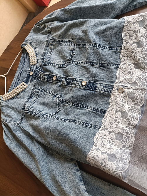 Women'S Casual Jacket, Lace Floral Pattern, Exquisite Buttons, Daily Fashion Beaded Denim Jacket, Very Suitable for Spring And Autumn