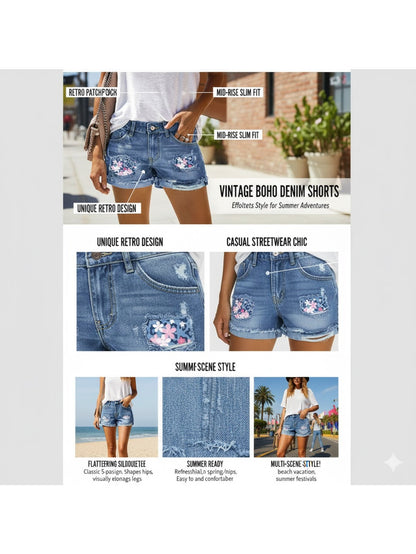 Women's Blue Denim Floral Denim Shorts - product view 1