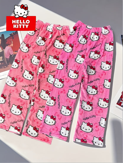 Sanrio KT Cat Pajama Pants for Women - 2pcs Sleepwear Set with Cute KT Cat Face & Full-Length Pants, Cozy Flannel Pajamas for s, - Nightwear ()