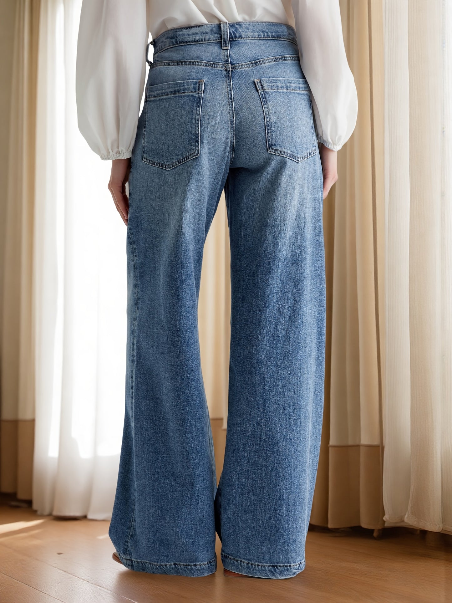 [Ladies Retro Denim Pants] Spring And Autumn New Ladies Retro Washed Wide-Leg Pants Elastic Joker Straight Loose Casual Denim Pants