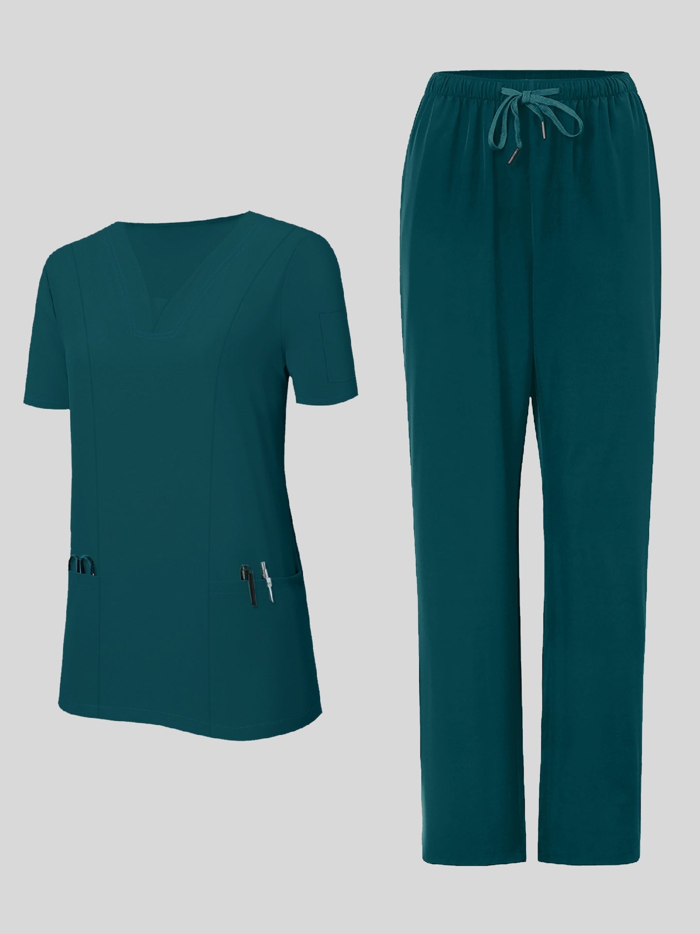 2pcs Women's Breathable V-Neck Work Uniform - Machine Washable Pocket Detail Matching Top & Pants, Casual Work Clothes Suitable for Work Uniforms, Healthcare, Education, Retail - Comfortable Professional Attire