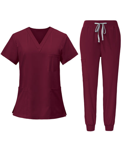 [2pcs Scrub Suit Set] Ships From The United States] 2pcs Set Scrub Suit Set for Women Modern V-neck Top T-shirt & Tapered Leg Jogger Pants with Drawstring Nursing Uniforms Set Suitable for Pet Hospitals, Dental Clinics, Nursing Work, Etc