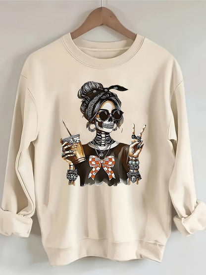 Skeleton - Themed with Trendy Accessories And Gestures Pattern Print Women's Sweatshirt, Comfortable All Seasons, Machine Washable
