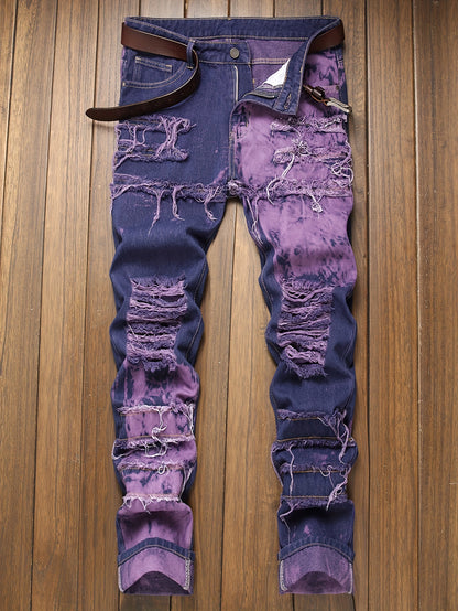 Fashion Trends Stacked Multi-post Fabric Tassels Holes Irregular Tie Flower Splashed Ink Jeans Casual Men's Trousers