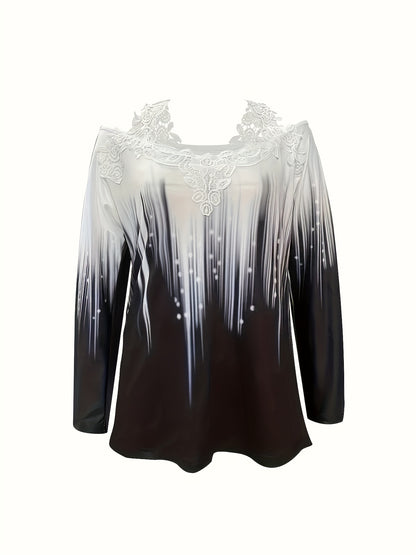 Spring And Autumn New Casual Gradient Color Printed Lace T-shirt Off-shoulder Long-sleeved Top