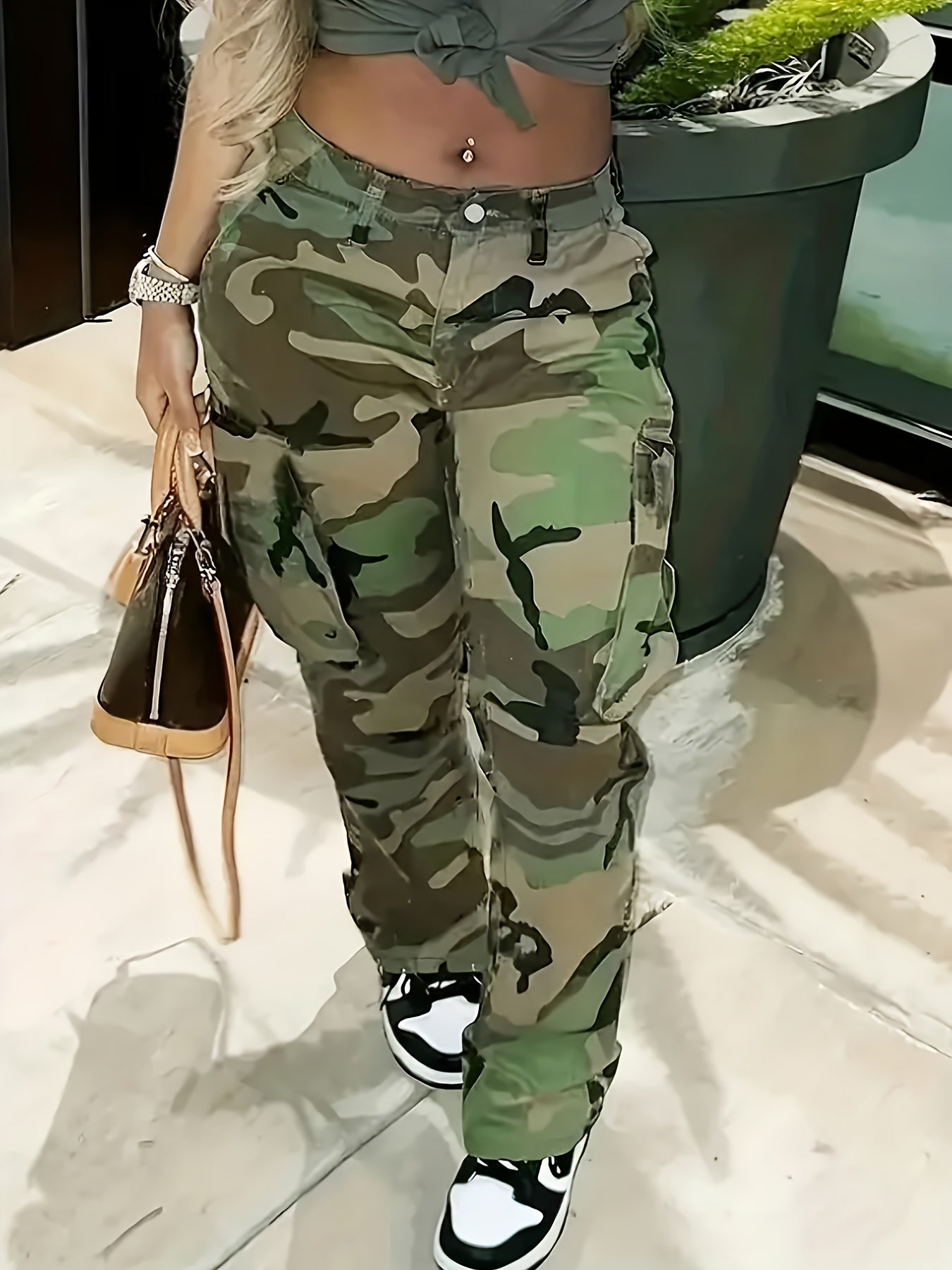 Plus Size Women'S High Waist Camo Utility Pants 1XL To 6XL Casual Wide Leg Trousers Green Camouflage Side Pocket Cargo Style Daily Commute Travel Versatile