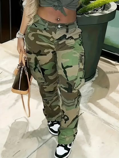 Plus Size Women'S High Waist Camo Utility Pants 1XL To 6XL Casual Wide Leg Trousers Green Camouflage Side Pocket Cargo Style Daily Commute Travel Versatile