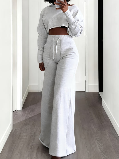 Fall And Winter 2pcs Women's Cropped T-Shirts & High-Waisted Sweatpants Set - Drawstring Waist Straight Leg Lounge Set, Winter Outfits, Women Two Piece Outfits for Ourdoor, S, Pant Suits for Women 2pcs, Women's Winter Outfits Set