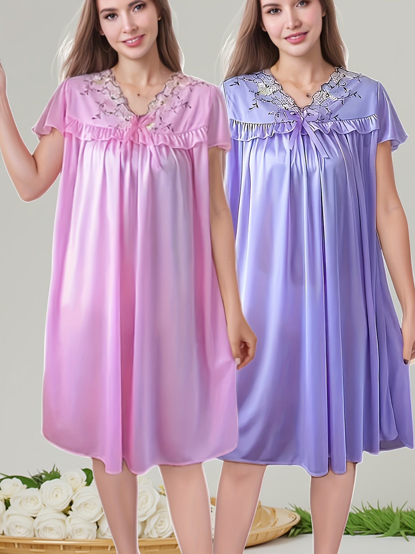2pcs Sexy Loose Short Sleeve Nightgowns with Lace Trim, V-Neck, Semi-Sheer Polyester - Machine Washable, Spring/ Summer