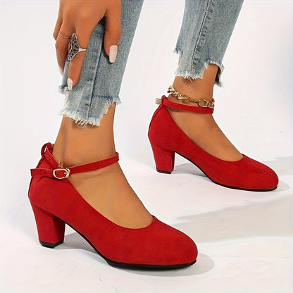 American Spring And Autumn Hot Fashion Easy Round Head Gentle Soft Bottom Big Red Shallow Mouth High Heels, Date And Fashion Thick Heels Comfortable Pure Black Classic Office Work Shoes Women'S Shoes, Women Shoes