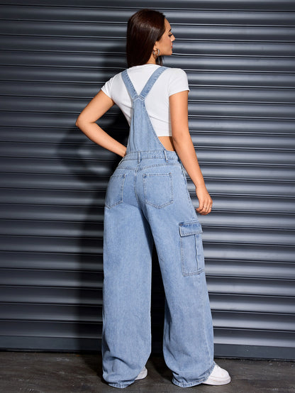 Women'S Denim Wide-Leg Cargo Jumpsuit with a Loose Fit, Baggy Design, And Adjustable Straps