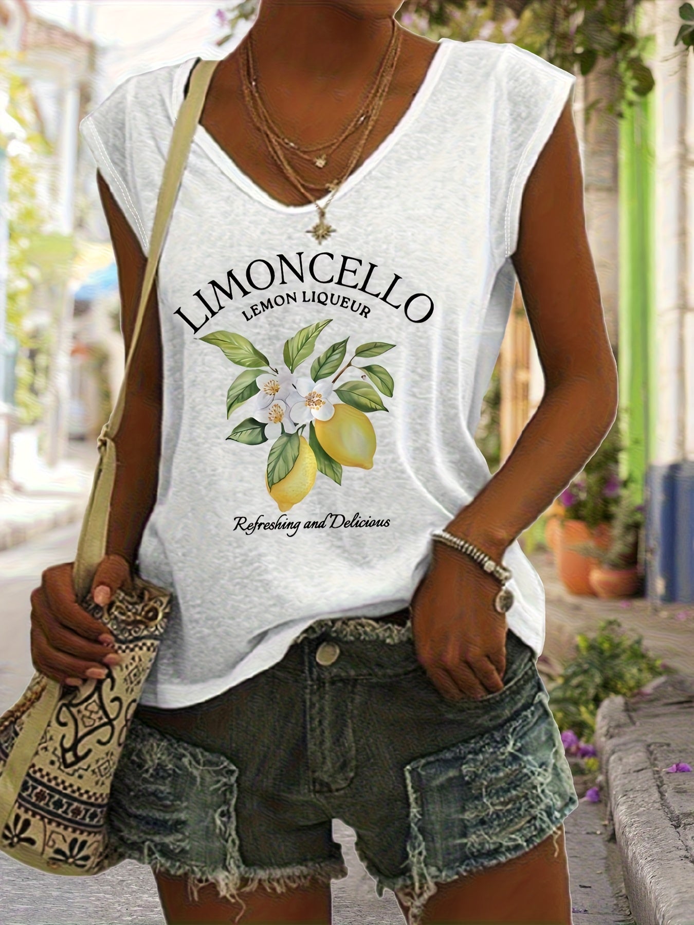 Women's Limoncello Pattern V-neck Vest Top-Sleeveless Casual Summer Spring Top with Limoncelli Bottle Design, Casual Summer Top| Sleeveless Top| Comfortable Fit