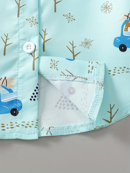 Summer Attire for Young Boys: A Two-Piece Beach Featuring a Button-Up Shirt with Cartoon Car Design And Plain Shorts, for Outdoor