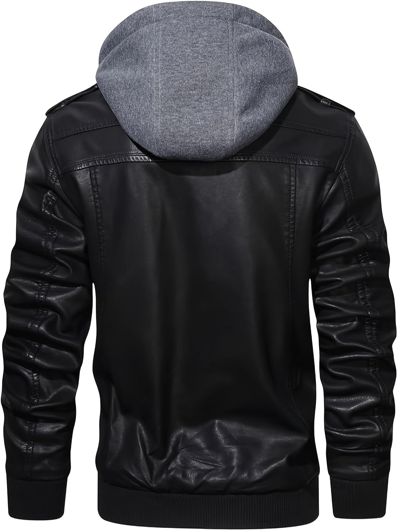 Men's PU Leather Jacket Motorcycle Jacket High Quality Windproof (Belt Included) PU Moto Vintage Bomber Hoodie with Removable Hood