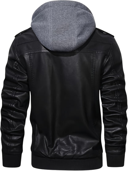 Men's PU Leather Jacket Motorcycle Jacket High Quality Windproof (Belt Included) PU Moto Vintage Bomber Hoodie with Removable Hood