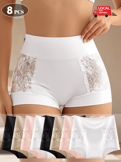 8pcs Women's High-waisted Lace Patchwork Straight-leg Pants. The Wide High-waist Design Naturally Tucks in the Abdomen. The Waist Side Is Stitched with Soft Lace, Exuding an Elegant Look. Ideal for a Date Outfit.