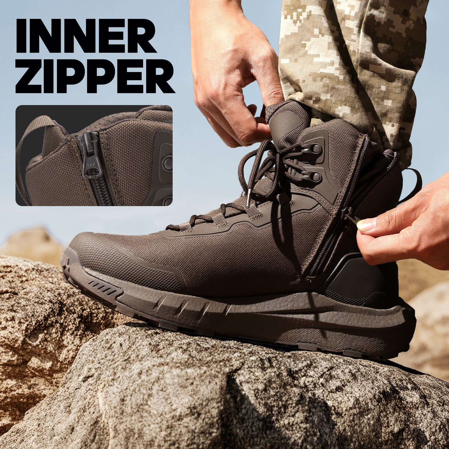 Men's Tactical Hiking Boot Lightweight Hunting Boots for Work All Day Side Zipper Motorcycle Combat Boot Arch Support 8 Inches