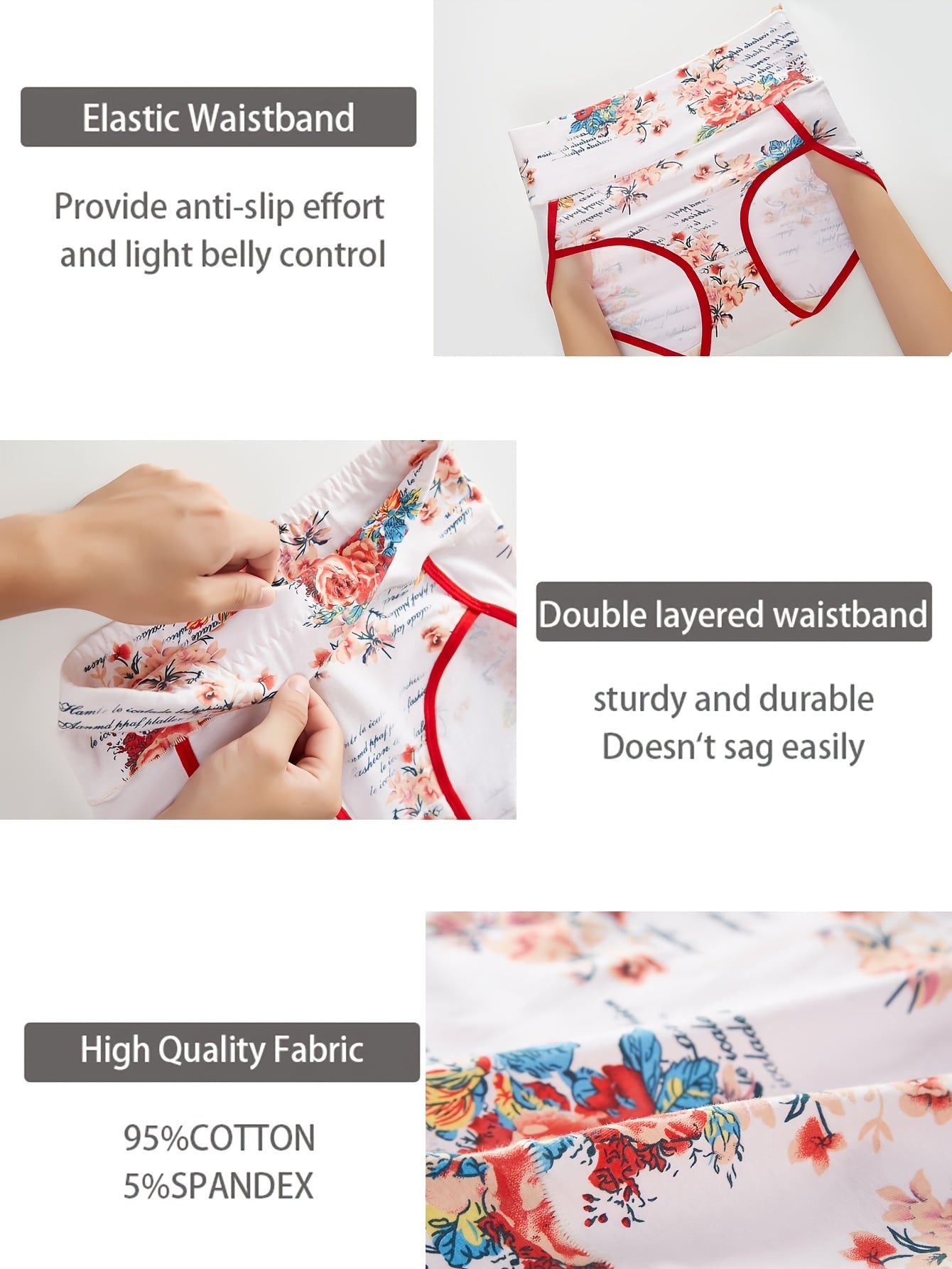 4pcs New Fashion Floral Print Comfortable Women'S High Waist Briefs, Comfortable Breathable Stretch Underwear, Women'S Underwear And Lingerie, Comfortable For Daily Wear