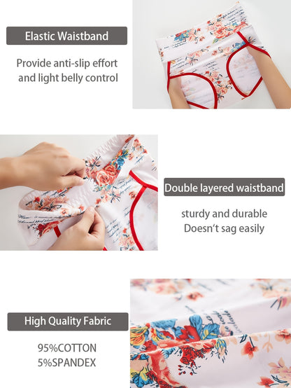 4pcs New Fashion Floral Print Comfortable Women'S High Waist Briefs, Comfortable Breathable Stretch Underwear, Women'S Underwear And Lingerie, Comfortable For Daily Wear