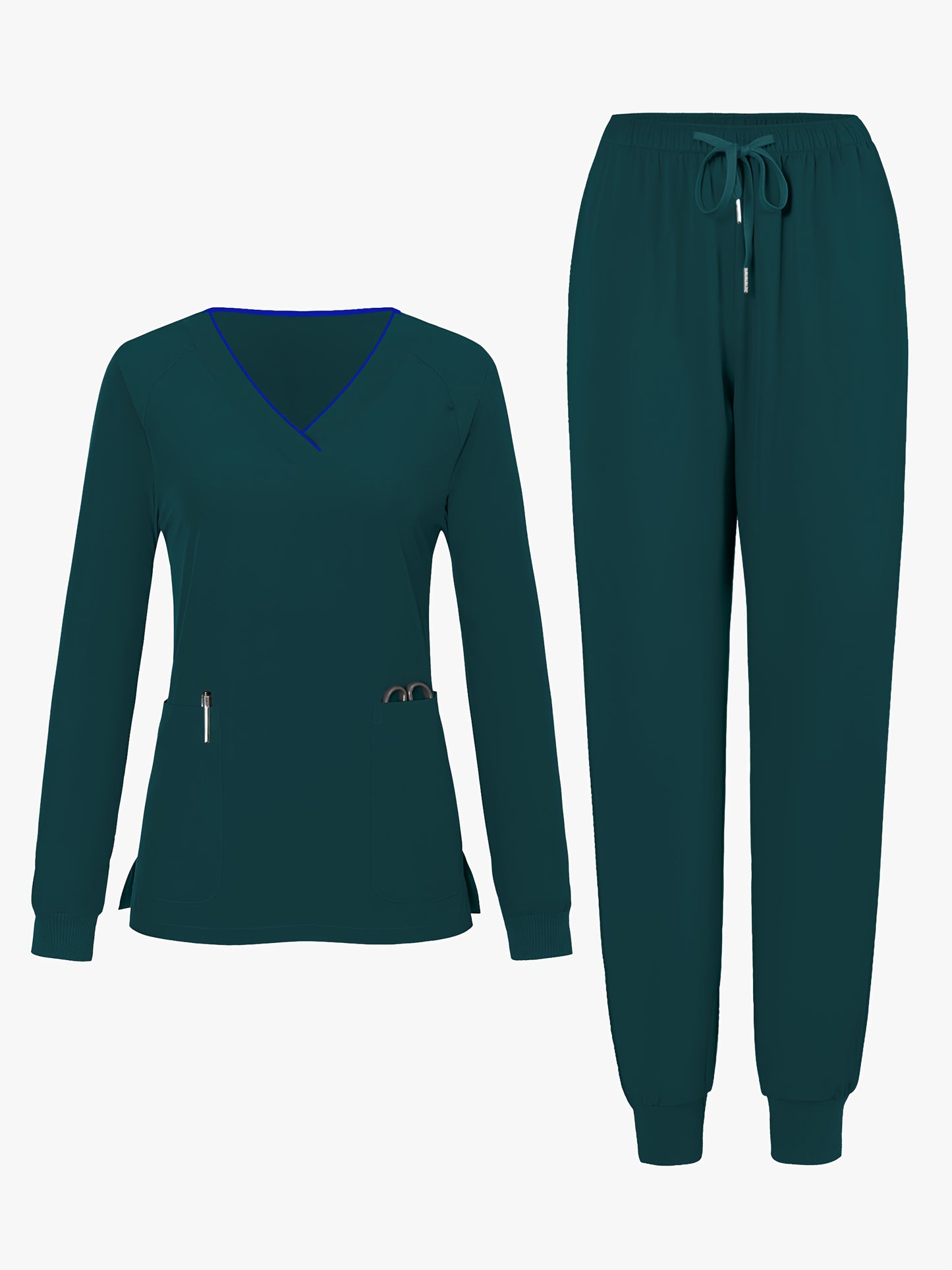 2pcs Women's V-Neck Matte Suit with Long Sleeve Stretch S Uniform Work Clothes Washable Pockets Breathable Elastic Top And Waist Cord Pocket Pants Set
