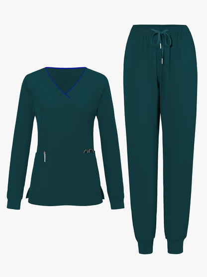 2pcs Women's V-Neck Matte Suit with Long Sleeve Stretch S Uniform Work Clothes Washable Pockets Breathable Elastic Top And Waist Cord Pocket Pants Set