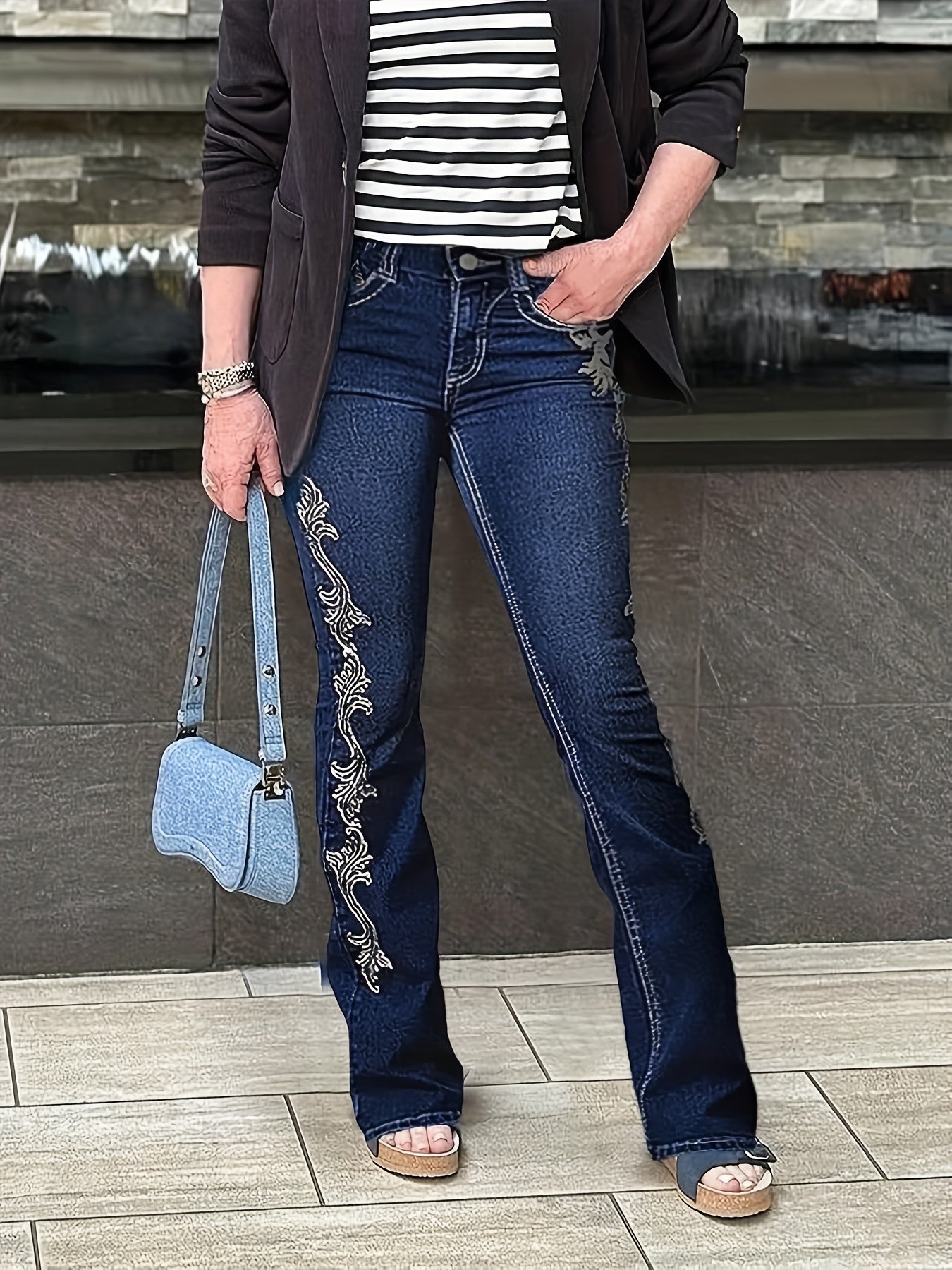 Dark Blue Denim Boot Cut Jeans for Women Featuring Printed Side Designs