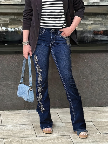Dark Blue Denim Boot Cut Jeans for Women Featuring Printed Side Designs