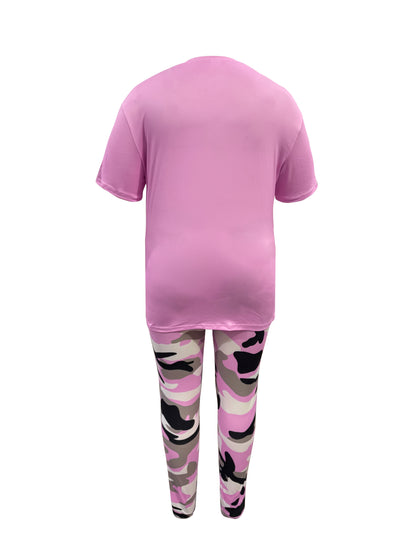 Plus Size - LADIES' Plus Size Daily Fashion Casual Set: Letter Print Crew Neck Short Sleeve T-shirt + Camouflage Long Pants With Pockets