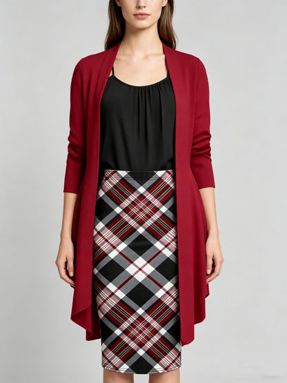 Women'S Retro Irregular Hem Three-Quarter Sleeve Cardigan + Black Camisole and Plaid Bodycon Skirt Three-Piece Set - Spring/Autumn Commuter and Party Outfit