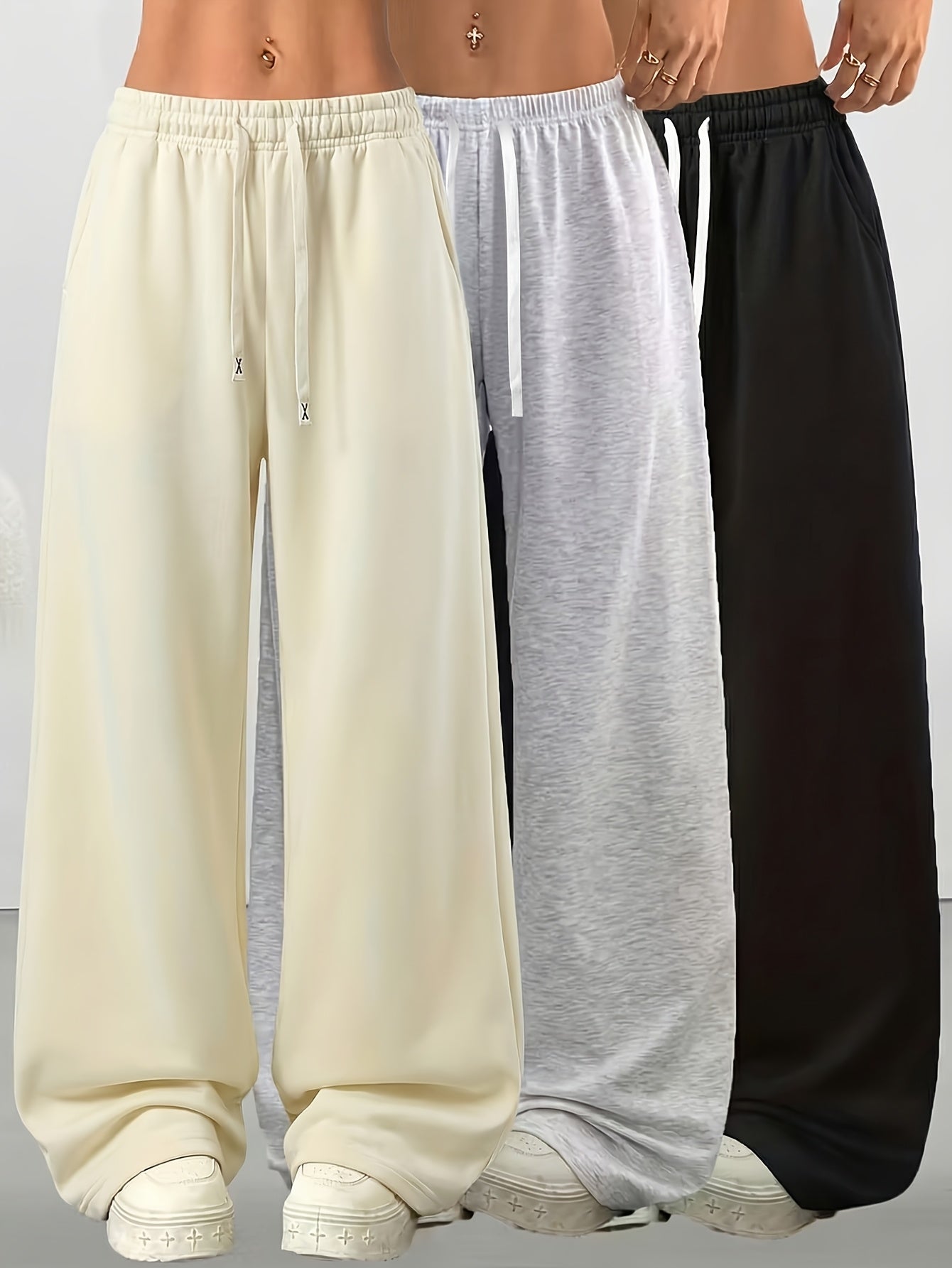 3pcs Spring And Summer Trendy Versatile Long Pants [Soft Joggers] Sizes Run Large, It Is Recommended to Choose One Size Smaller. Women'S Soft Joggers - Loose Fit, Elastic Waistband with Drawstring, Double Side Pockets - Machine Washable