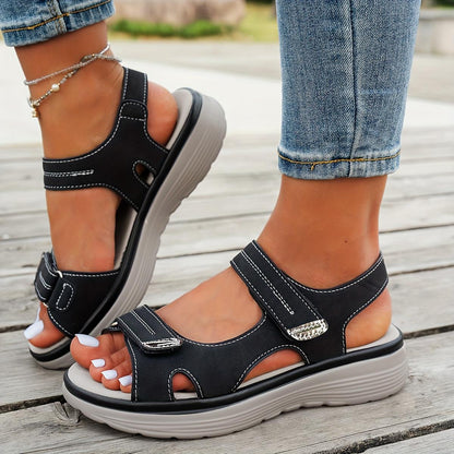 Women' Adjustable Walking Sandals with Thick Cushioned Sole & Non-Slip Sole Suitable for Beach, Travel, Shopping - Lightweight Open-Toe Platform Sneakers with Hook-and-Loop Closure, Soft PVC Footbed for Daily Wear, Vacation Footwear, Women Shoes