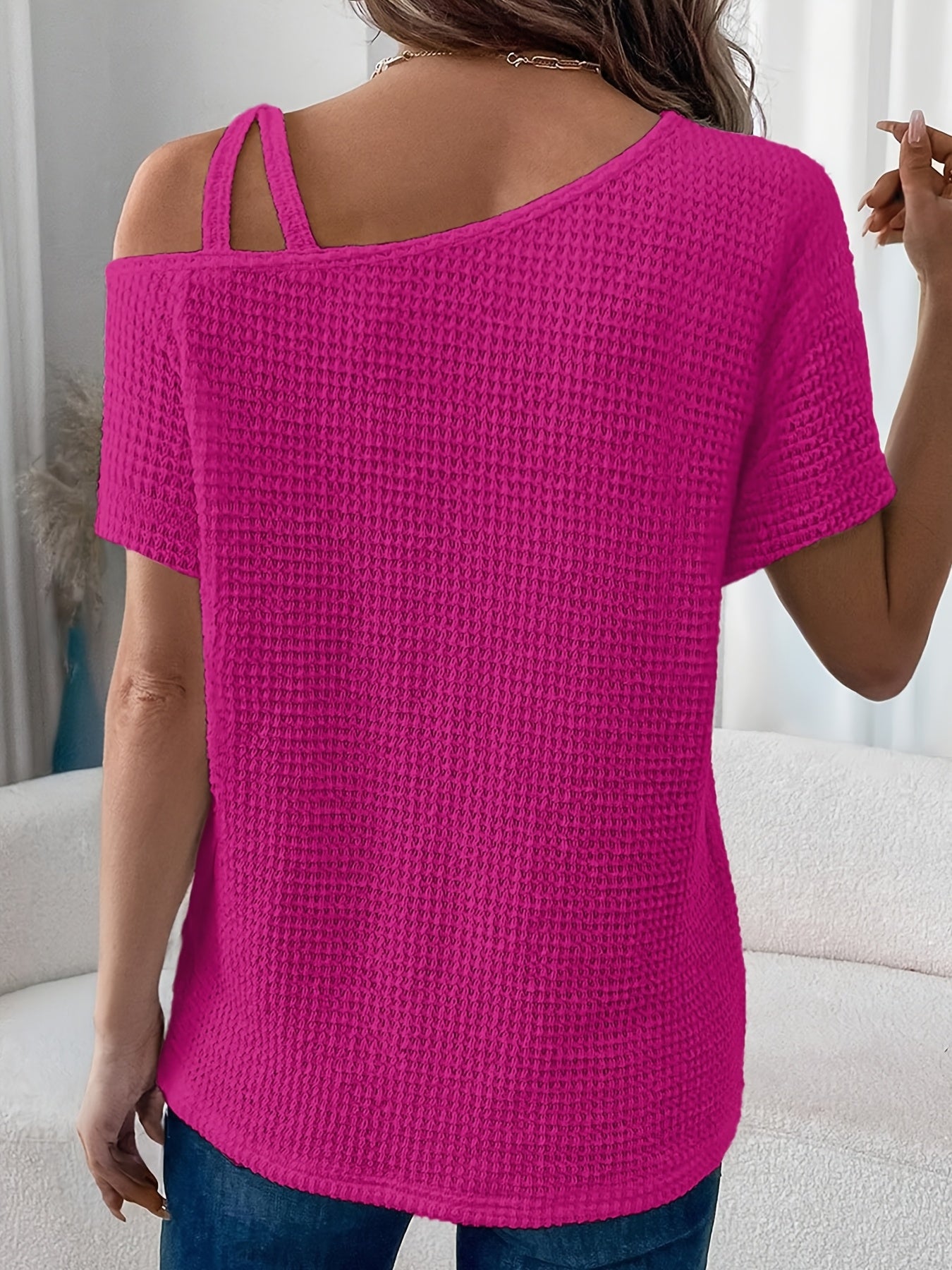 Women'S Summer Off Shoulder Waffle Short Sleeve T-Shirt Solid Color Top