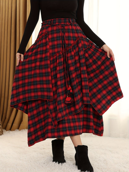 Victorian Gothic Handmade Fringe Plaid Skirt 2025 | Asymmetric Ruffle High-Waist Beach Skirt | Elastic Waist Multi-Layer Vacation Dress | Spring Summer Sweet Style Ladies Gift
