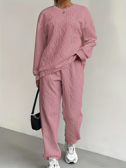 Women's Casual 2pcs Pullover Set - Consists Of A Textured Solid Color Jacquard Long-sleeve Crewneck Top And Sweatpants, High-quality Fabric, Women's Suit, Women's Summer Clothing, Sweatsuits Women 2pcs Women Clothing
