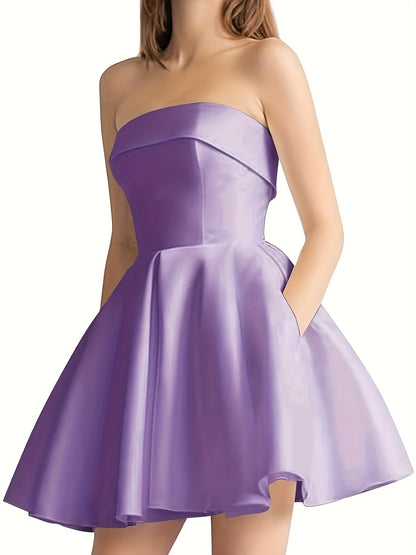Satin Homecoming Dresses for Teens 2024 Strapless Short Prom Dress A-Line Formal Cocktail