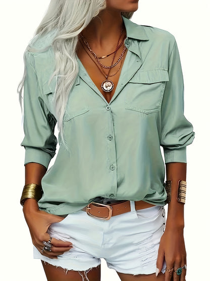 Women's Solid Color Lapel Long Sleeve Button- Shirt - Casual & Office Versatile Blouse, Machine Washable Spring/Fall Top with Classic Collar Design