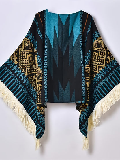 Men's Western Bandit Cape Coat with Tribal Print, Warm V-Neck Poncho with Tassel Trim for Outdoor Adventures, Fall and Winter Casual Wear (Brown/ White)