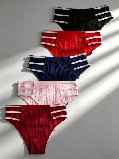 5pcs Ladies Sexy Hollowed Out Triangle Panties, Shiny Waistband Mix 5 Colours Fashion Trend Low Waist Underwear, Mature And Elegant Comfortable Soft And Breathable High Elasticity Brief