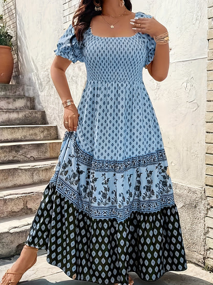 Plus Size - 1pc Spring Summer Mother'S Day Plus Size Women Elegant Bohemian Maxi Dress - Square Neck Puff Sleeve Smocked Bodice Floral Geometric Print Tiered Long Skirt Sophisticated Graceful Style For Vacation Beach Party Wear